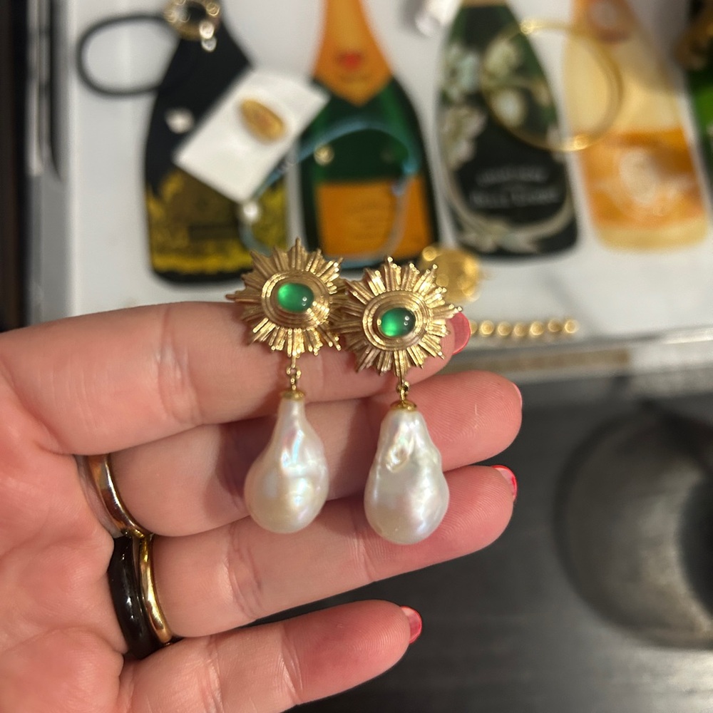 Gold and Green Sunburst Pearl Drop Earrings